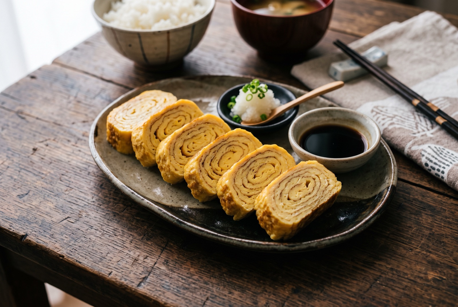 Sliced rolled Japanese omelette showing pale yellow layers in a spiral, served with grated daikon