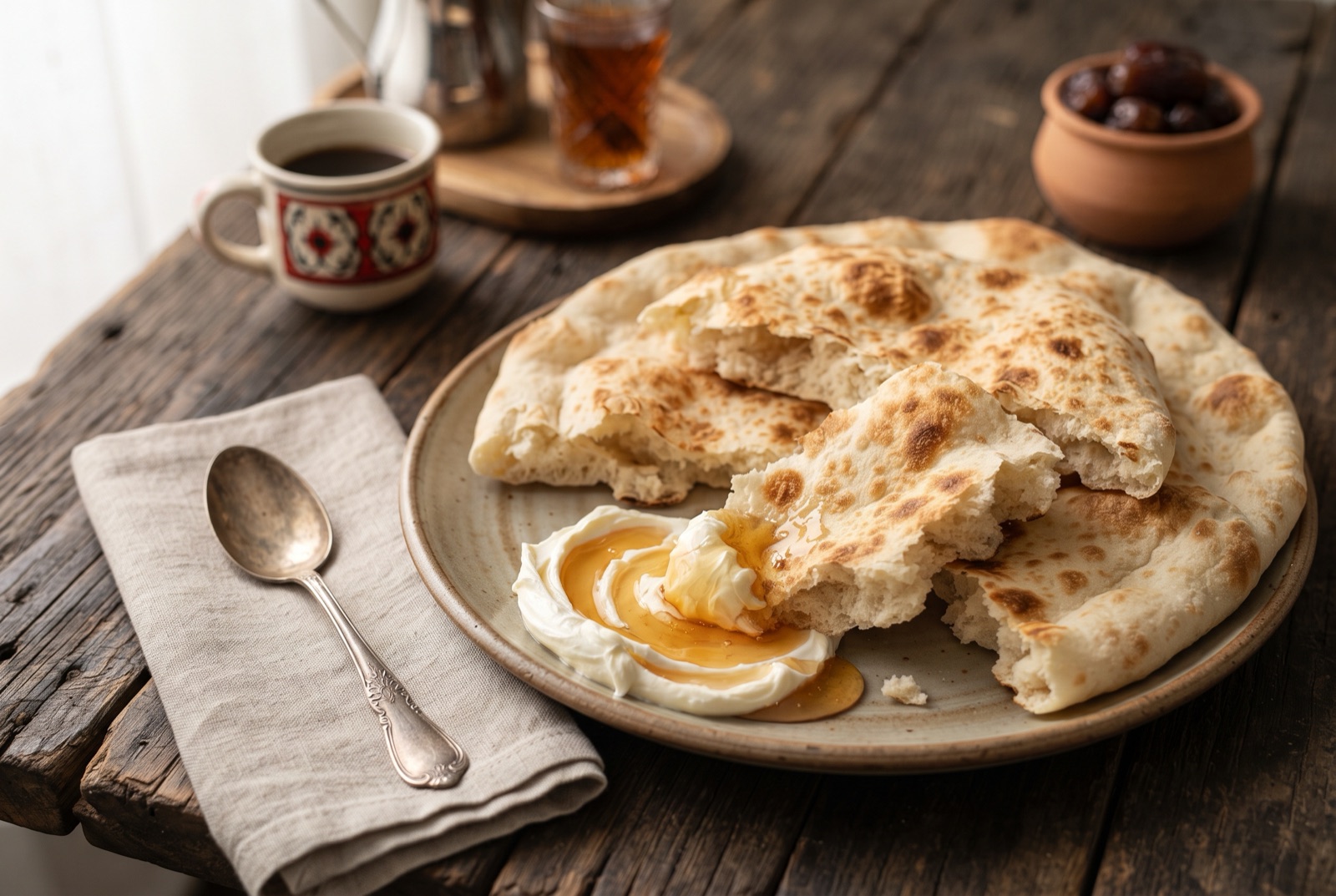 A wide round of Saudi tamees flatbread with deep finger grooves, blistered golden top and sesame seeds