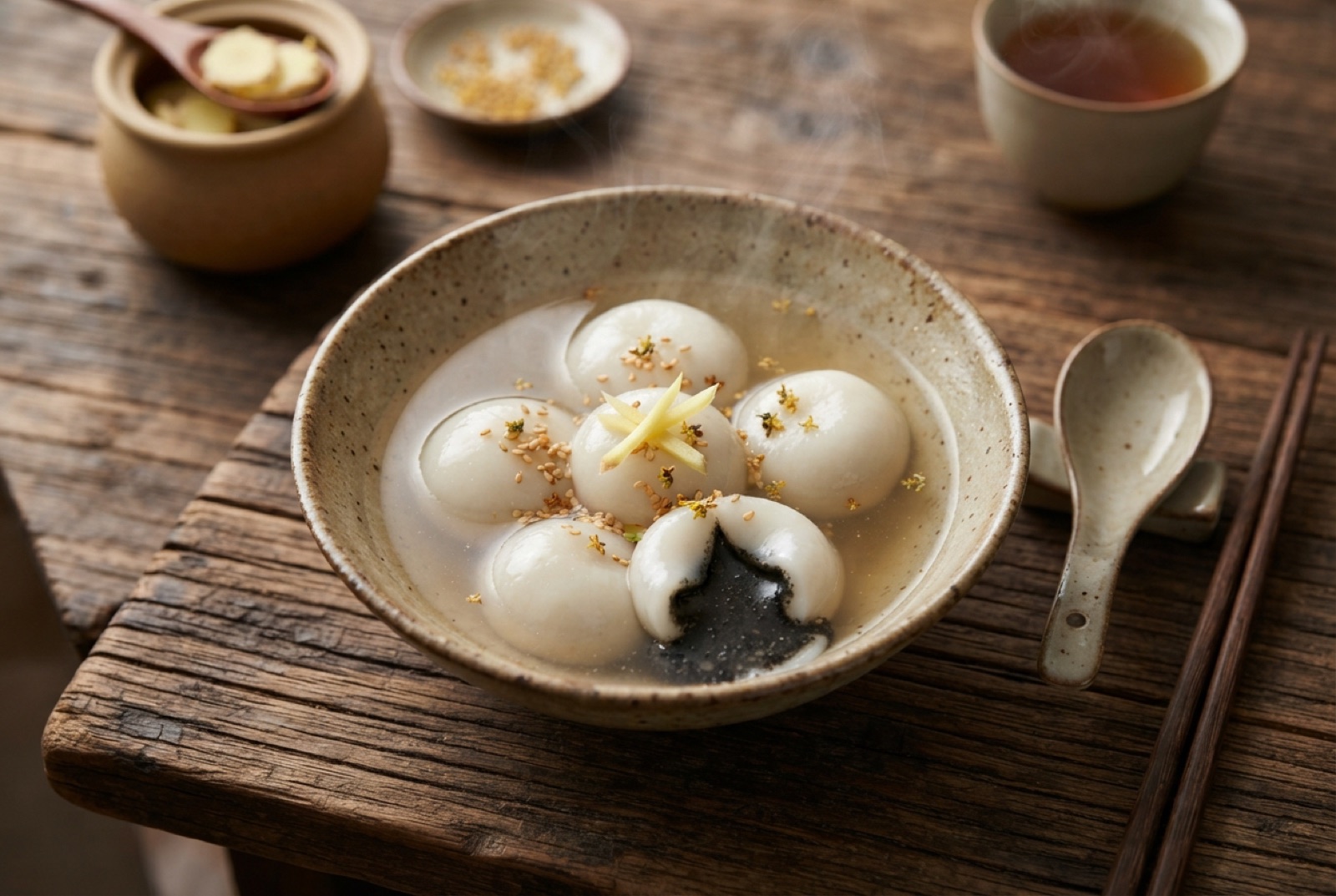 White glutinous rice balls floating in clear ginger syrup, one cut open showing dark black sesame filling