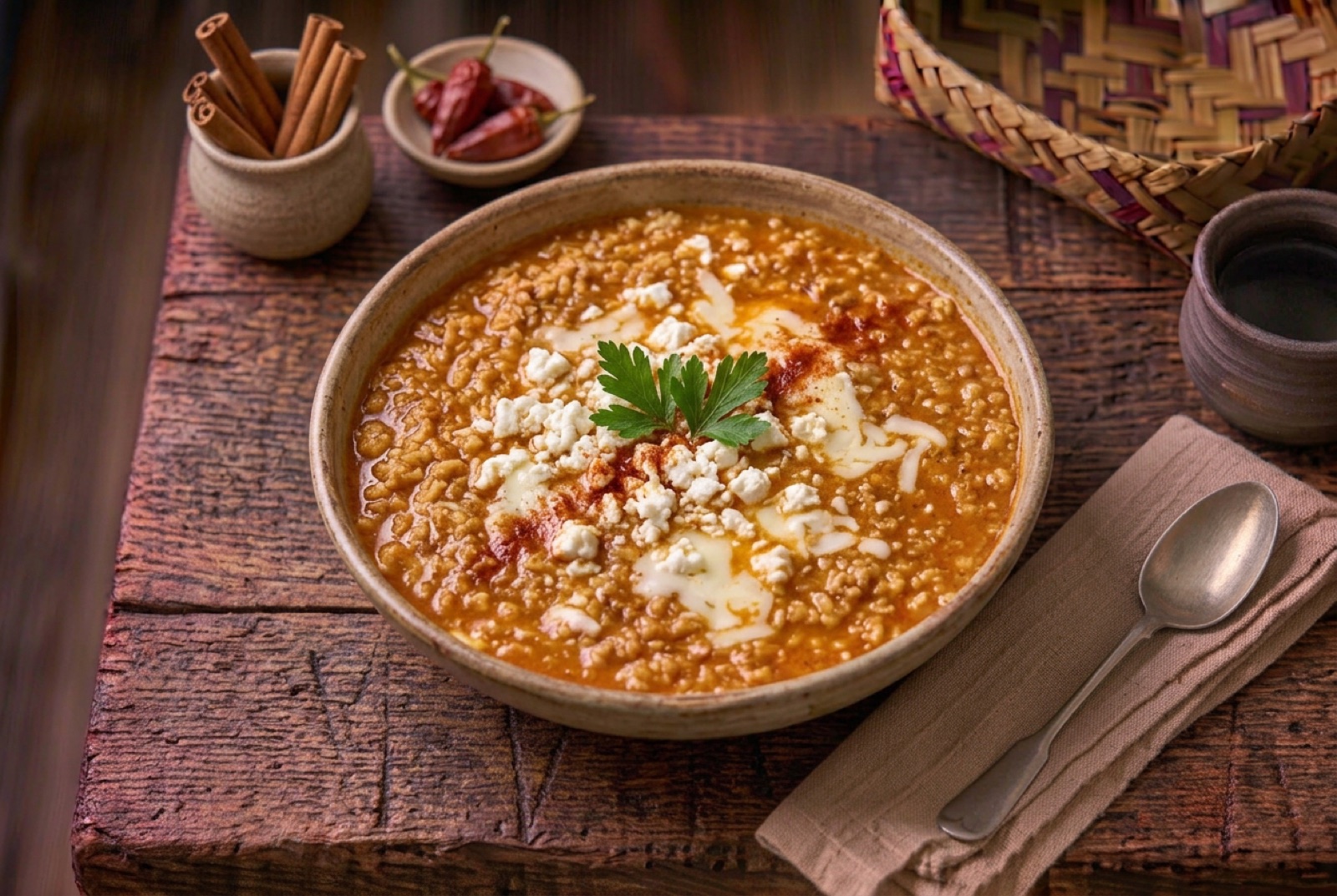 Bowl of thick orange tarana soup scattered with crumbled white cheese and chopped parsley