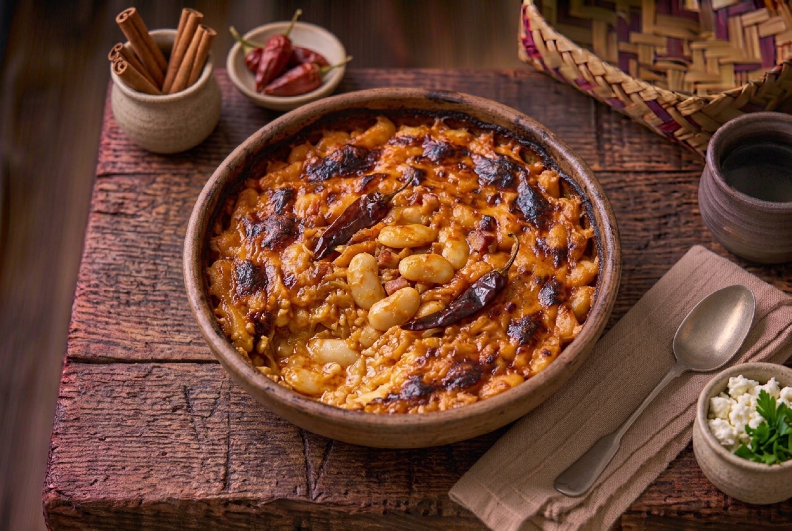 Shallow clay pan of baked white beans in deep red paprika sauce with a crusted top and dried chillies