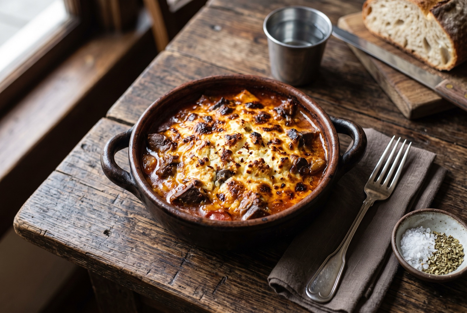Small clay dish of Albanian tavë dheu, cubed liver in red tomato sauce under browned crumbled white cheese