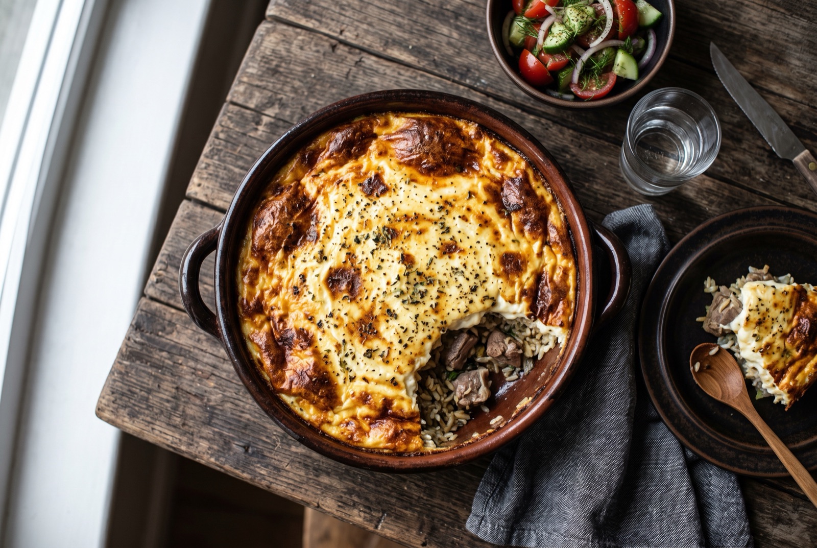 Baked tavë kosi in a shallow dish, browned yoghurt custard puffed over pieces of lamb and rice