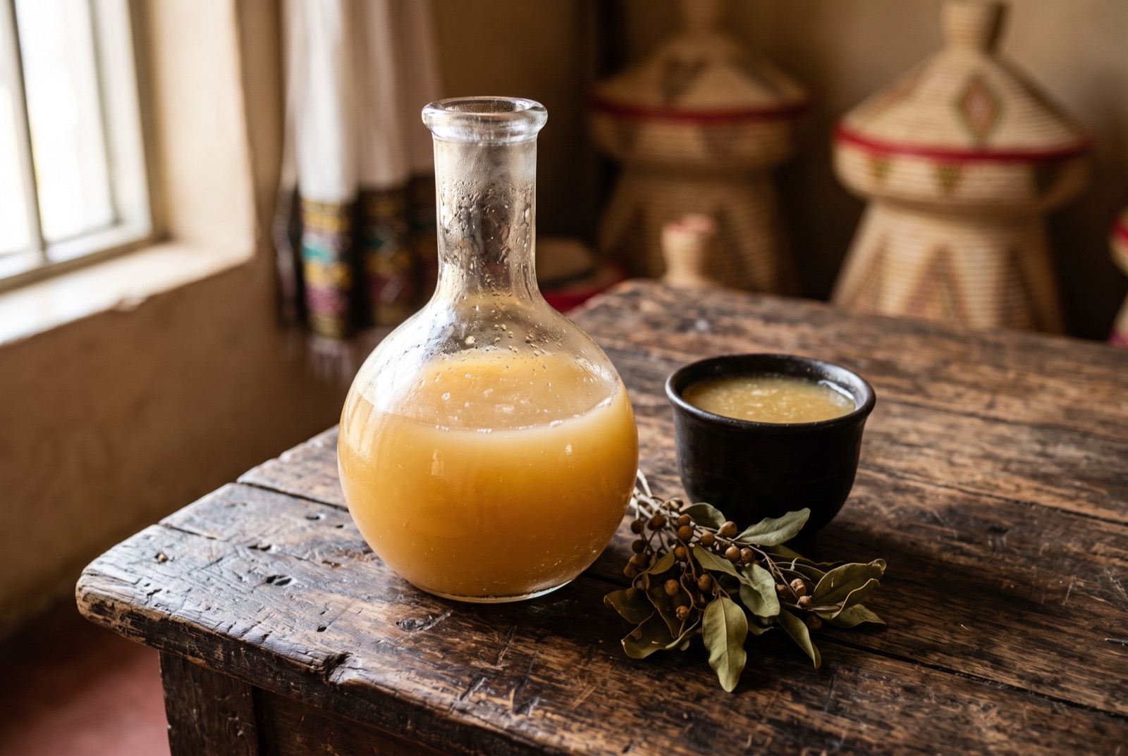 Golden cloudy Ethiopian tej in a round-bottomed berele flask beside dried gesho twigs