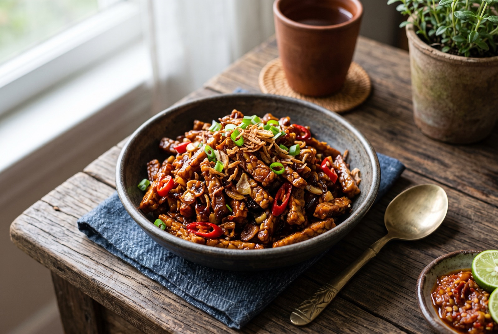 Dark glazed tempeh matchsticks scattered with sliced red chili and shallots in a shallow bowl beside white rice