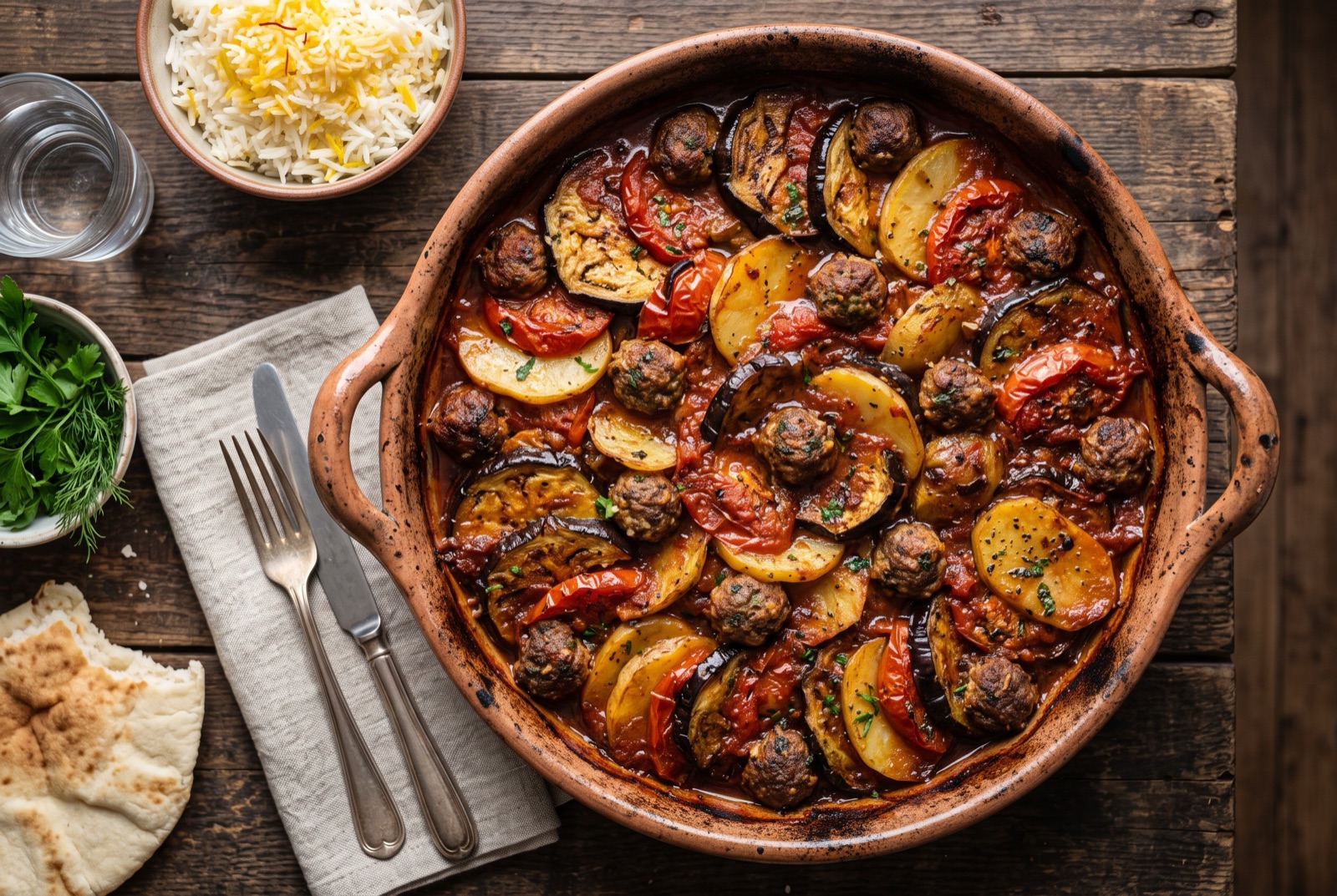 A wide tray of baked aubergine, potato, tomato and lamb meatballs in reduced tomato broth, browned on top