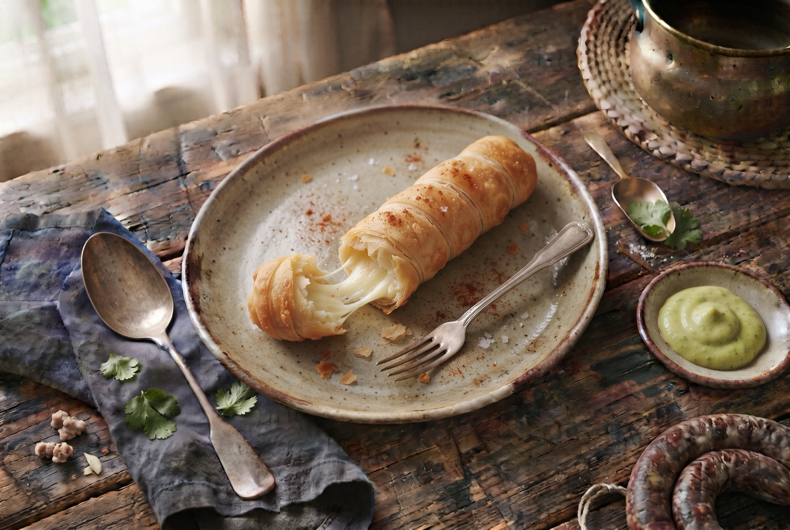 Pile of golden fried dough-wrapped cheese sticks, one broken open with cheese stretching out