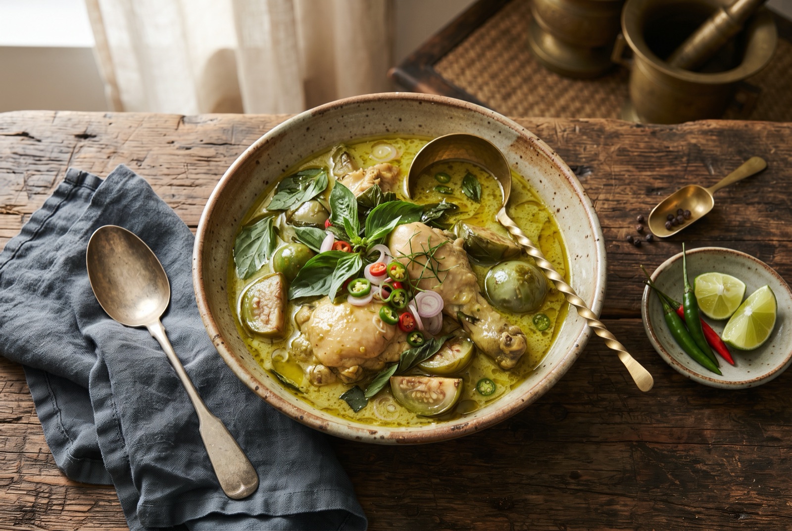 Bowl of pale-green Thai curry with chicken, eggplant and thai basil beside jasmine rice