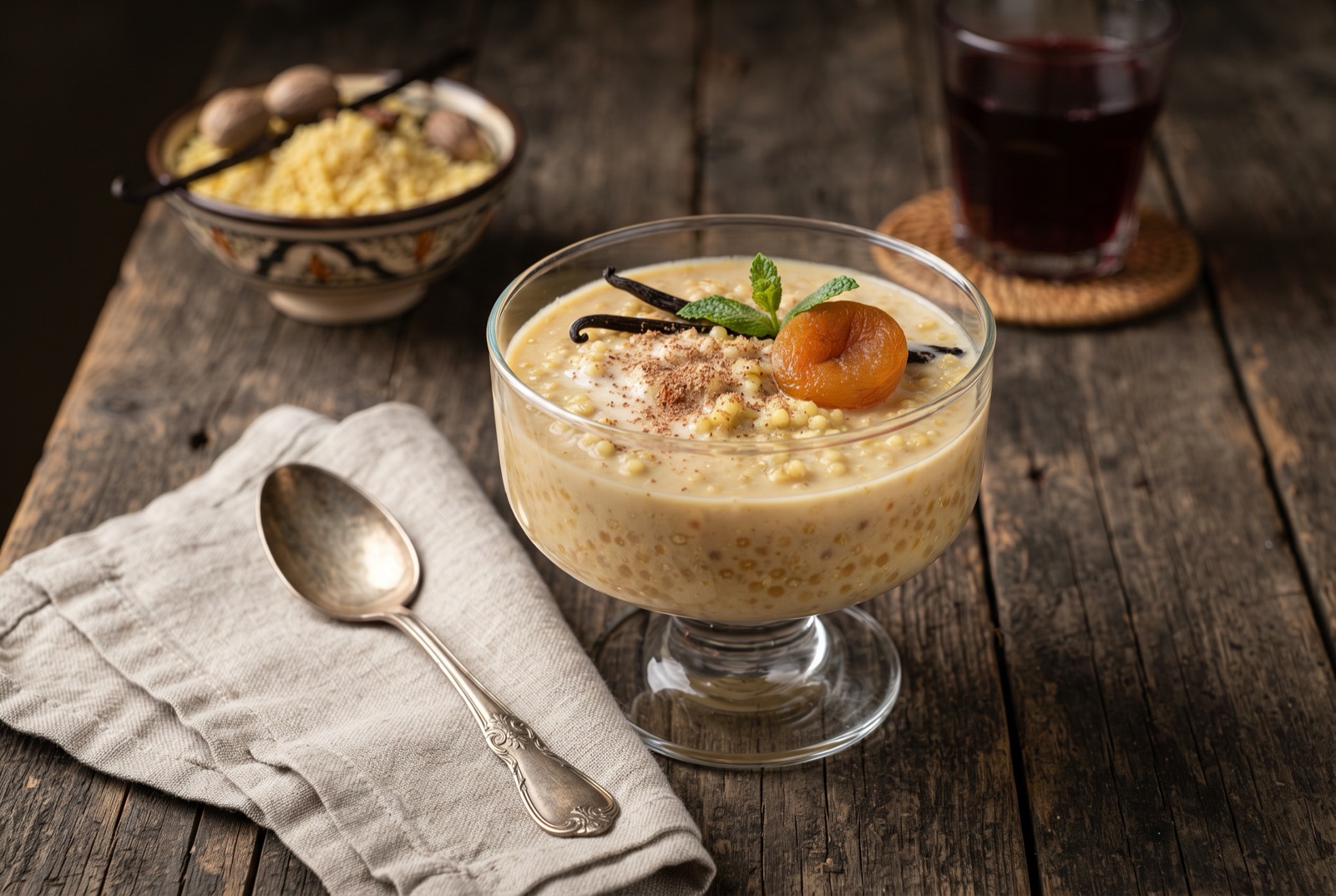 Glass of thick pale millet and yoghurt dessert speckled with grated nutmeg, a long spoon resting inside