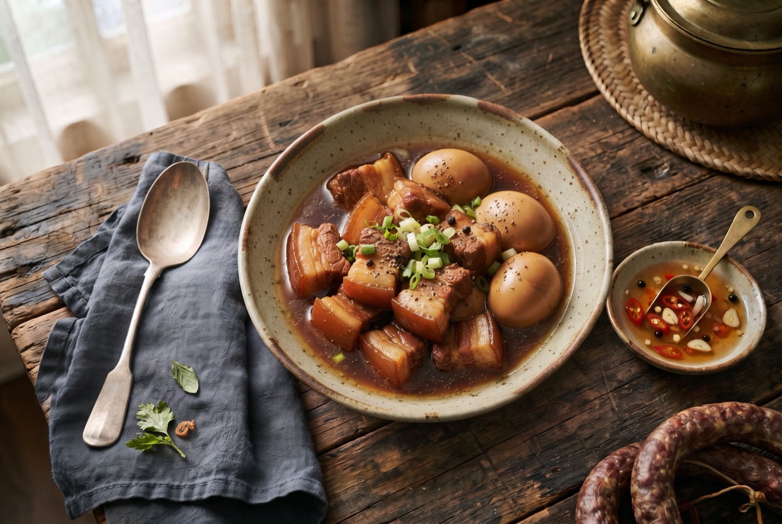 Mahogany caramel-braised pork belly chunks and amber-stained eggs in a glossy sauce over rice