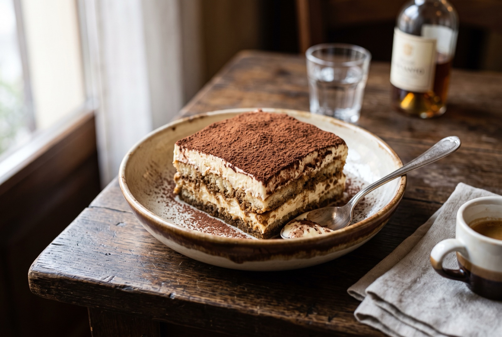 A slice of layered tiramisu with espresso-soaked savoiardi, mascarpone cream and cocoa dusting