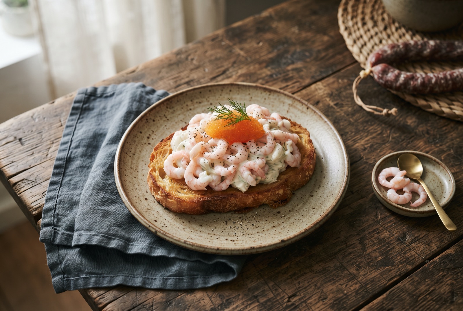 Toast Skagen with creamy dill shrimp heaped on butter-fried bread and topped with orange roe