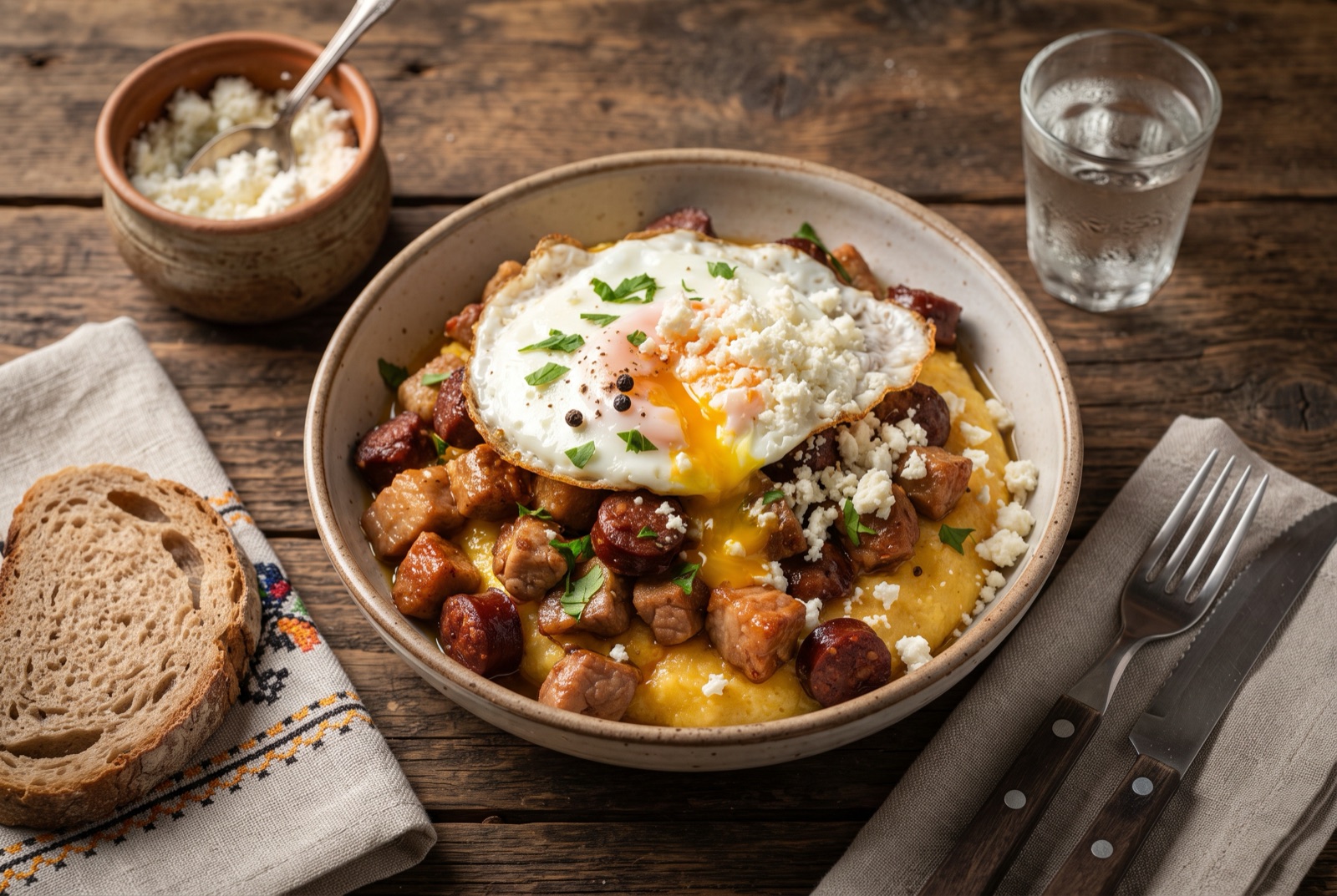 Plate of browned pork cubes and sausage in glossy sauce over yellow polenta, topped with sheep cheese and a fried egg
