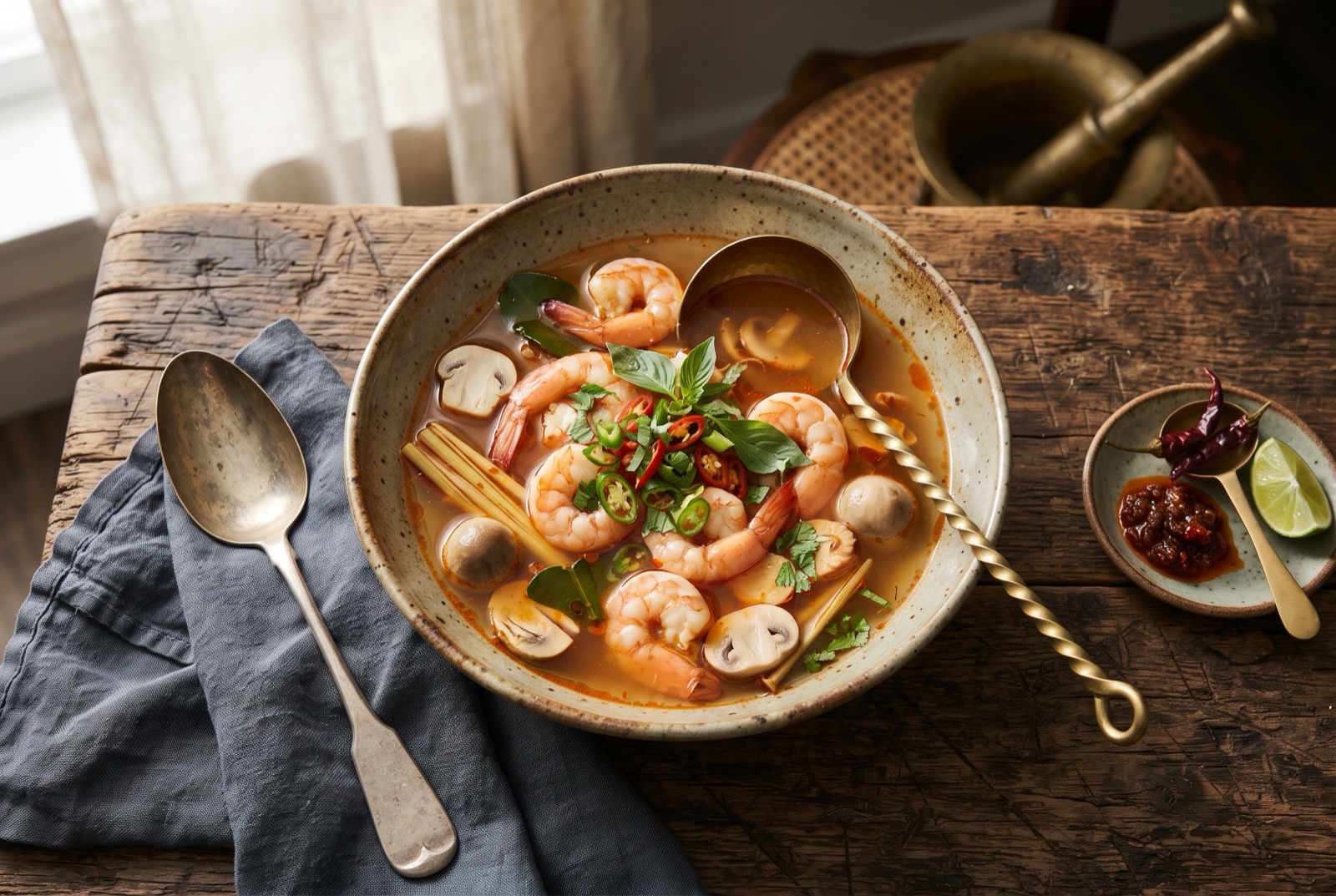 Bowl of hot and sour tom yum soup with shrimp, mushrooms, lemongrass and cilantro