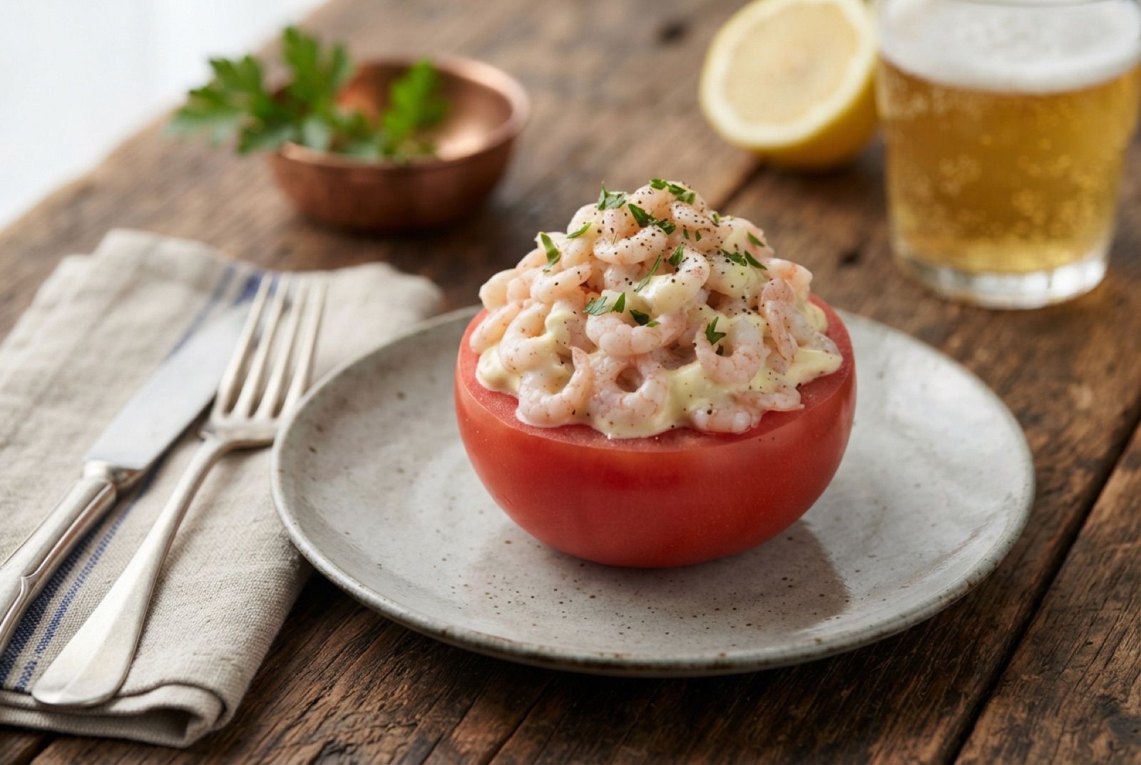 Ripe tomato hollowed and heaped with tiny grey shrimp in mayonnaise, lid leaning against the side