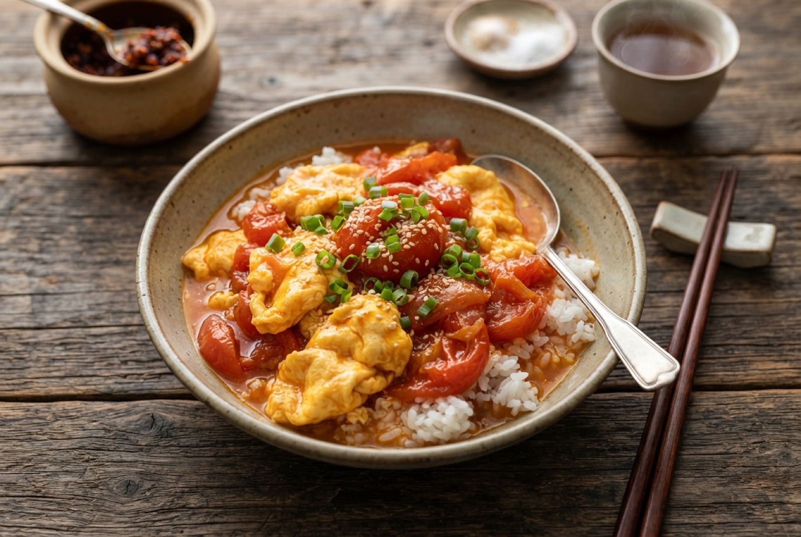 Soft scrambled eggs folded through jammy stir-fried tomatoes with scallions, served over white rice