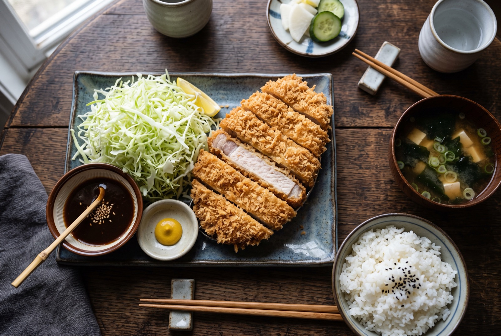 Sliced panko-crusted pork cutlet fanned beside a pile of finely shredded raw cabbage and dark katsu sauce