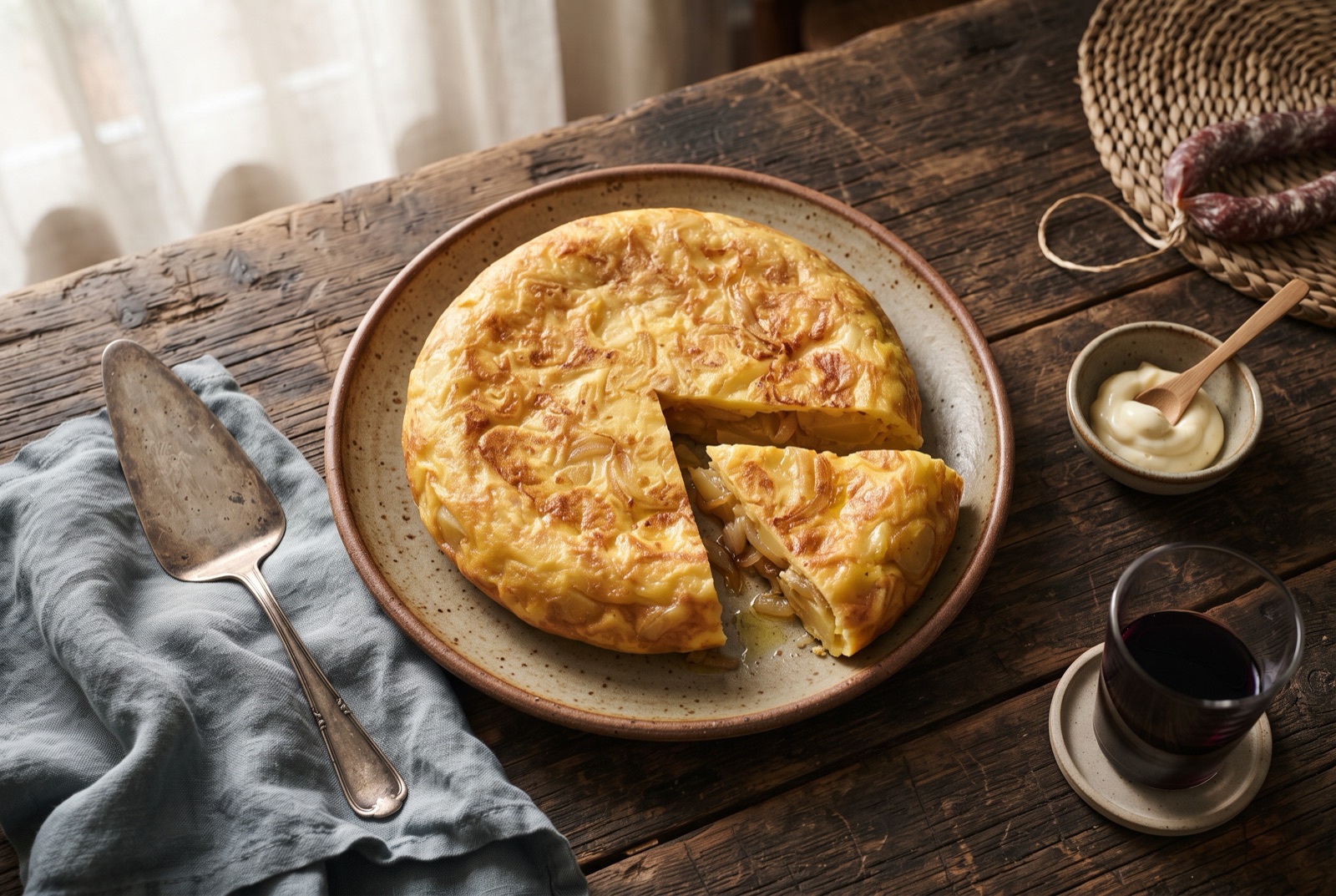 Thick golden Spanish potato omelette with one wedge cut out showing a juicy layered interior