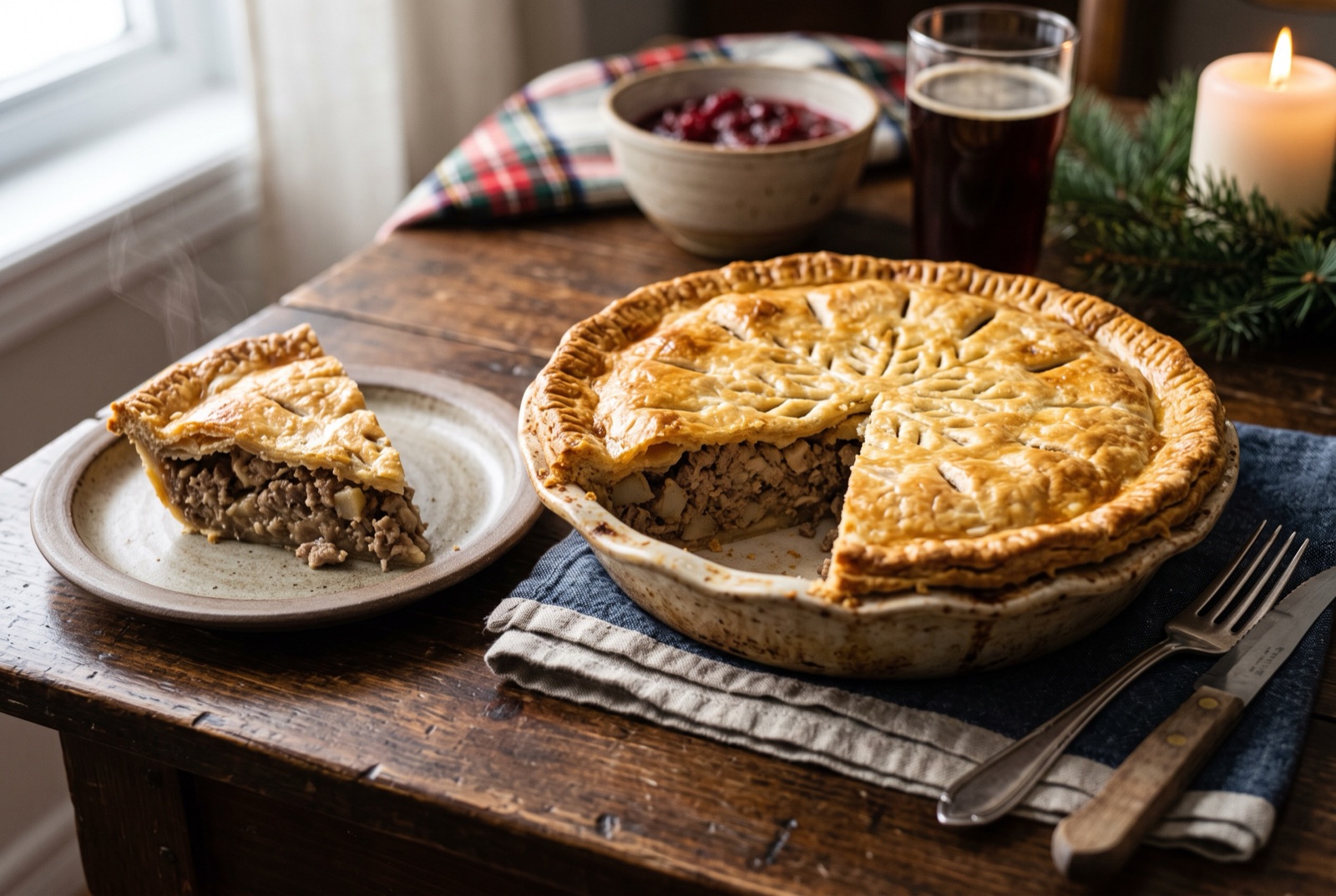 Golden double-crust Québec meat pie with steam vents, one wedge cut to show the spiced pork filling