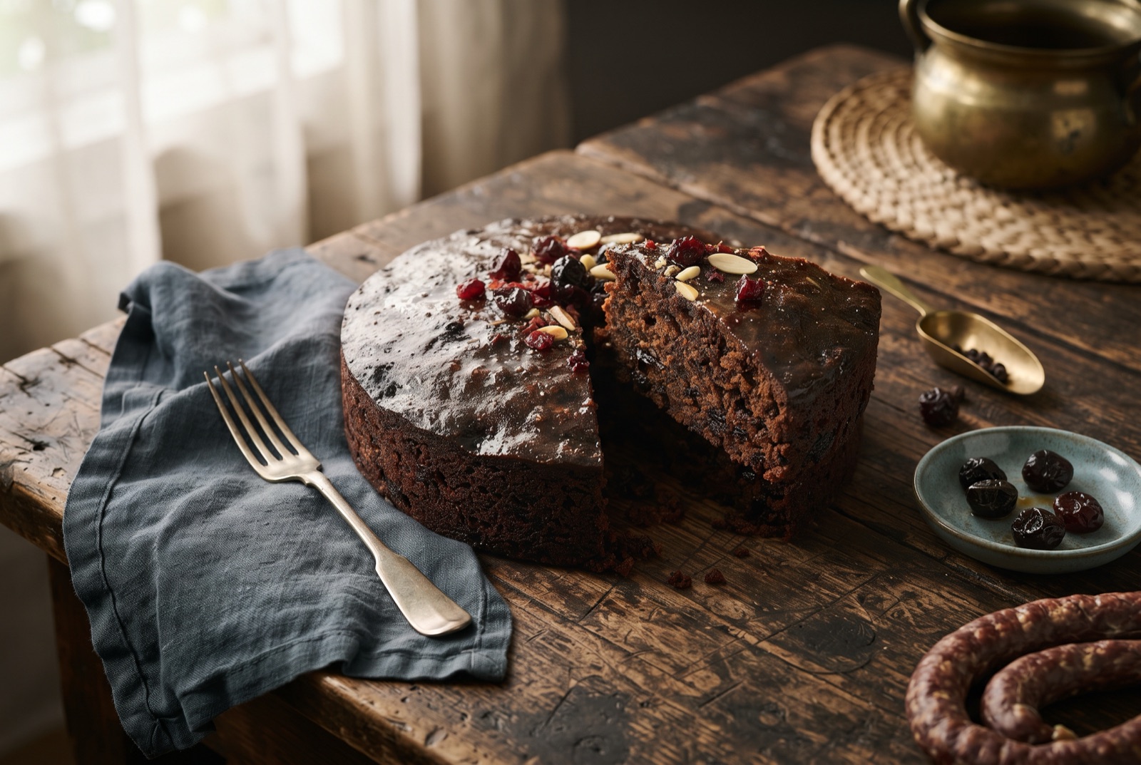 Thin slice of near-black Trinidadian rum fruit cake showing a dense moist crumb studded with soaked fruit