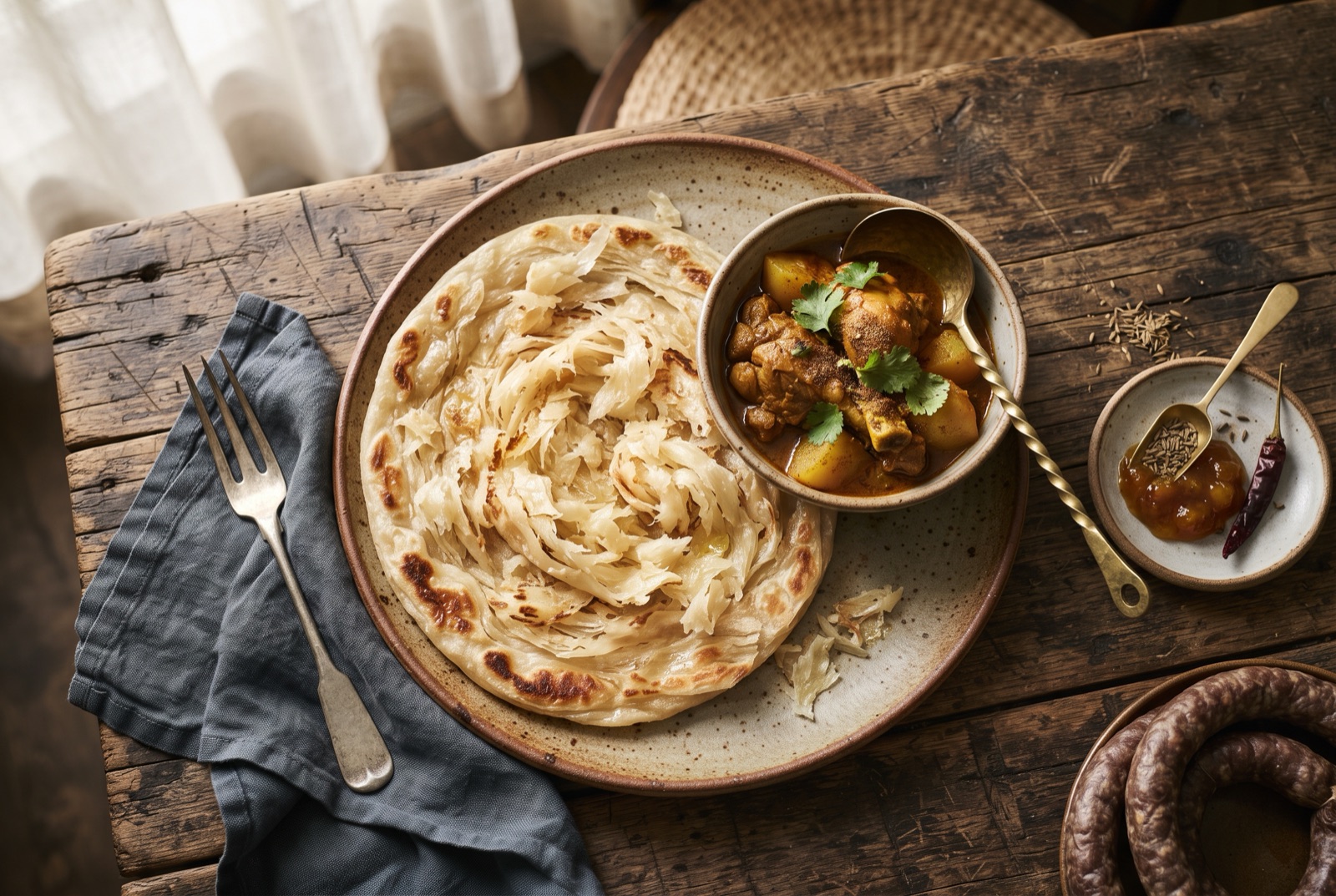 Mound of shredded buttery paratha roti beaten into soft ragged pieces beside a bowl of curry