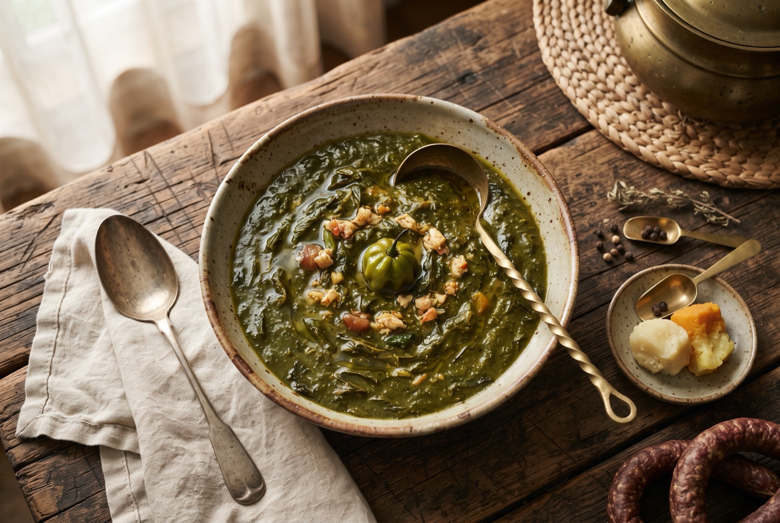 Bowl of thick dark green Trinidadian callaloo made with dasheen leaves, okra and coconut milk, with crab claws