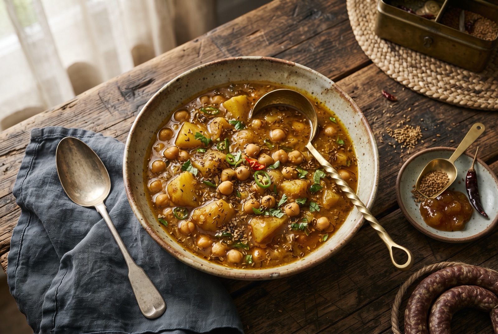 A pot of Trinidadian curry channa and aloo — golden chickpeas and soft potato chunks in thick rust-coloured gravy with chopped chadon beni