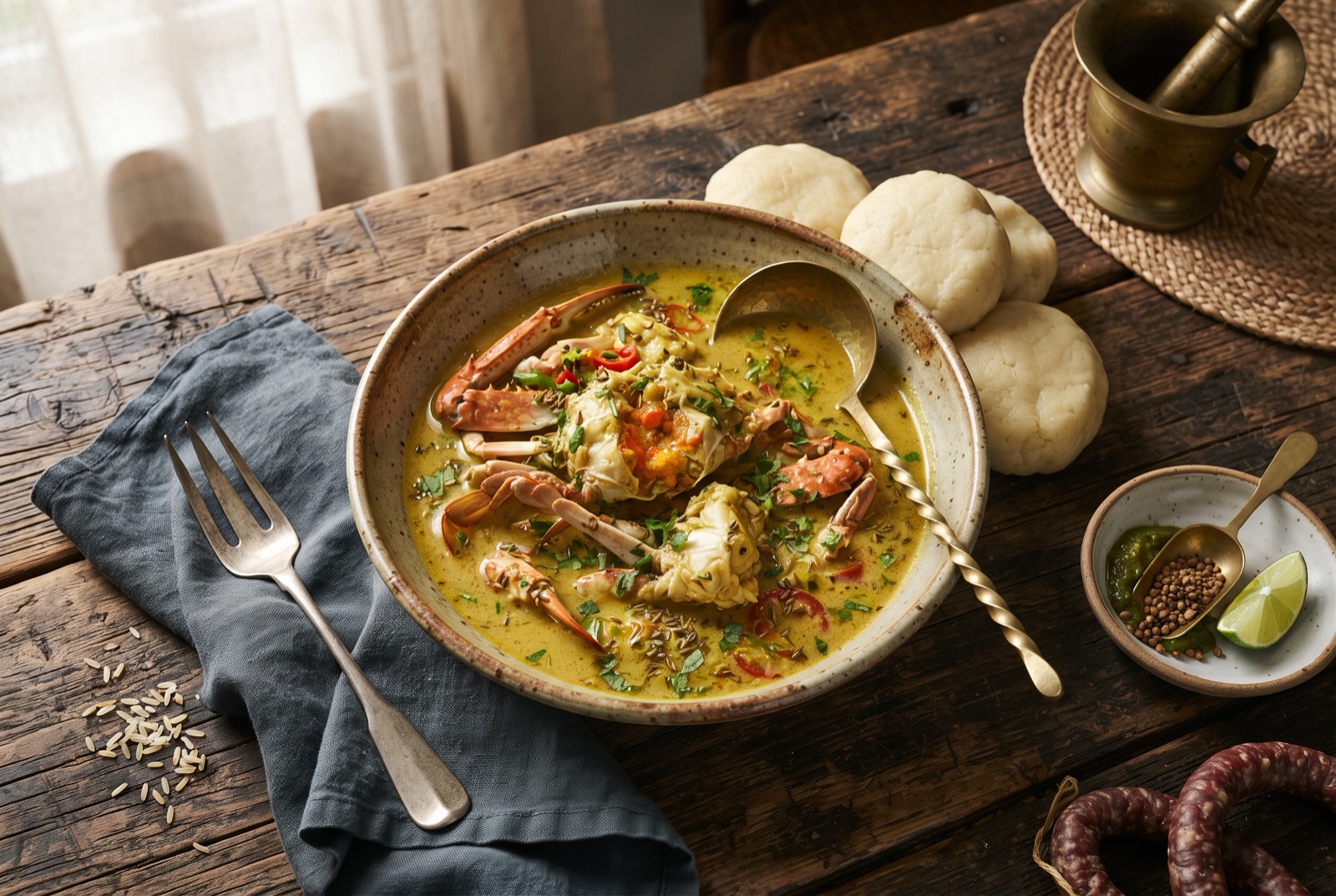 Bowl of Tobago curry crab, orange crab halves in thick yellow coconut curry with boiled flour dumplings