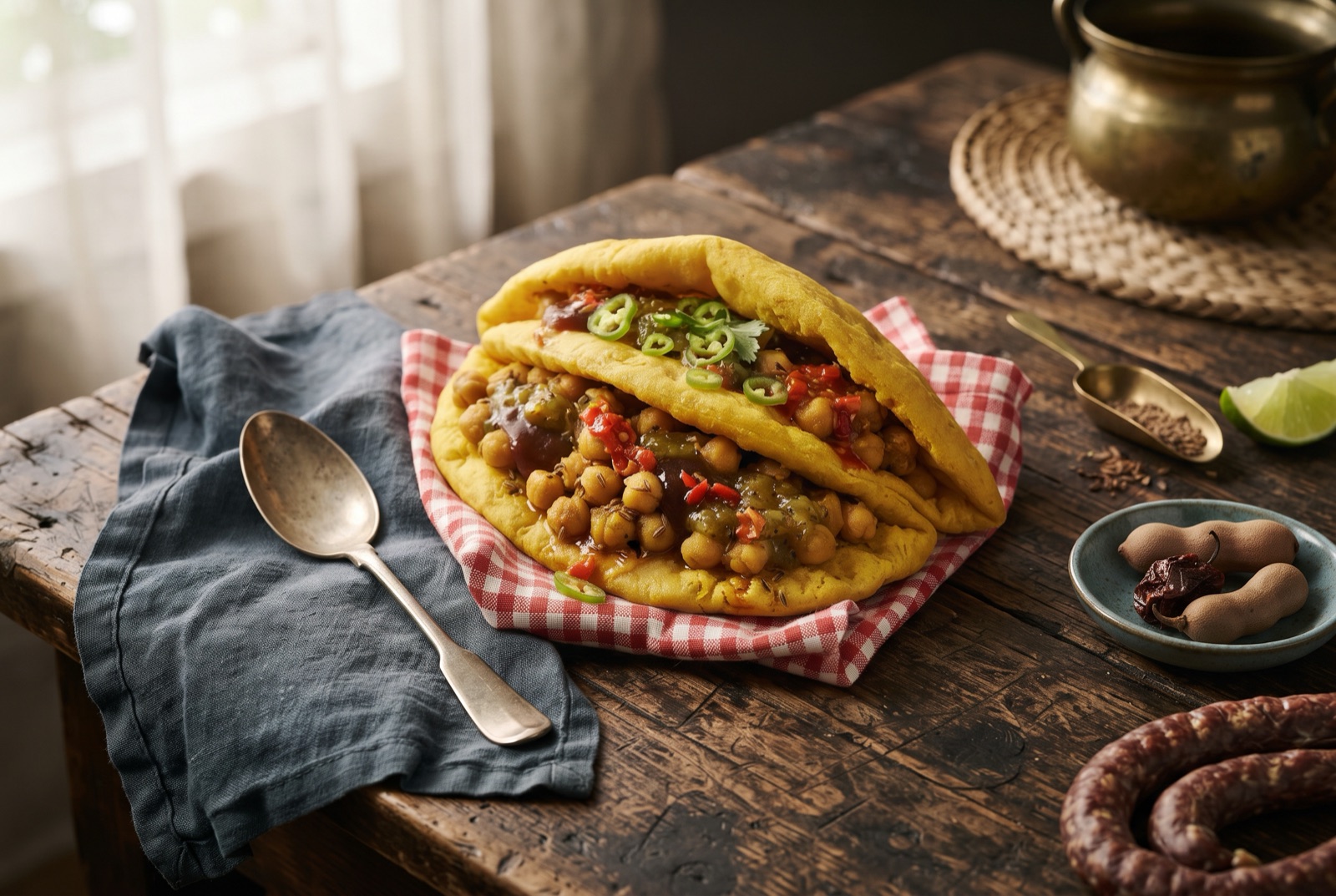 Two soft turmeric-yellow fried baras folded around curried chickpeas with tamarind sauce dripping onto waxed paper