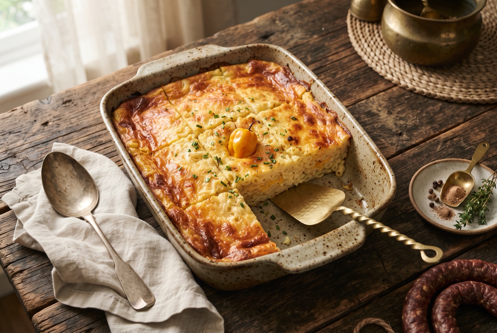 Square of Trinidadian macaroni pie lifted from the dish, dark cheddar crust on top and firm sliceable interior