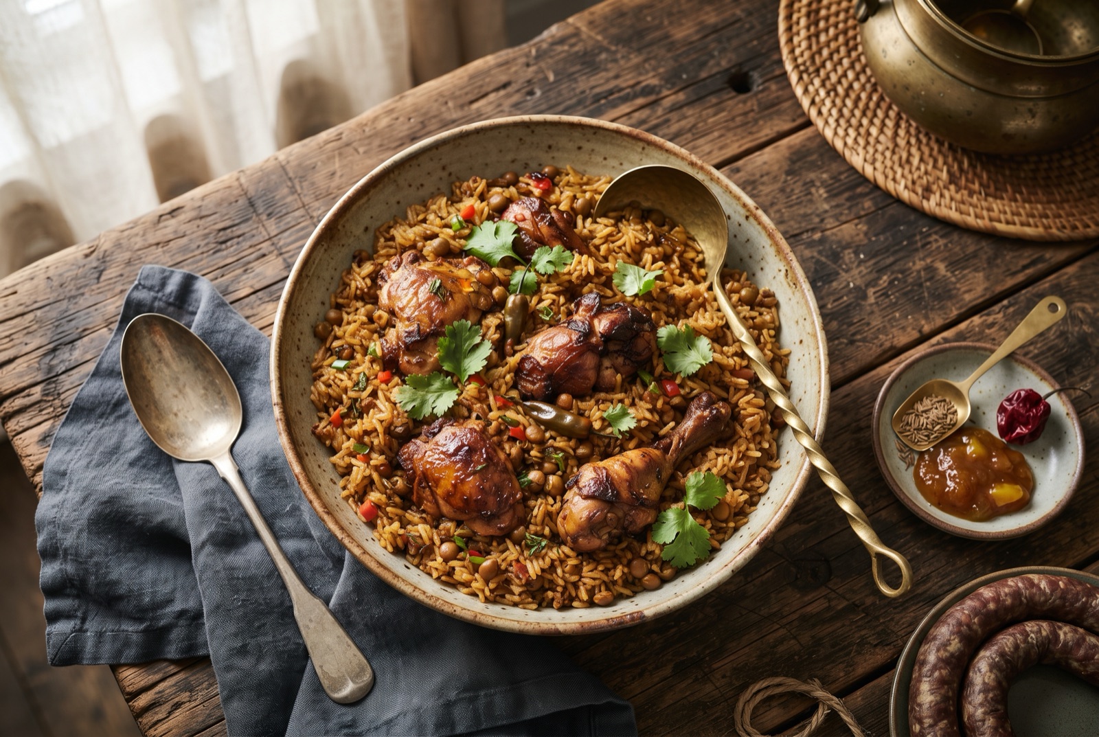 A heavy pot of Trinidadian pelau — dark caramel-browned chicken pieces buried in rice with pigeon peas and diced carrot
