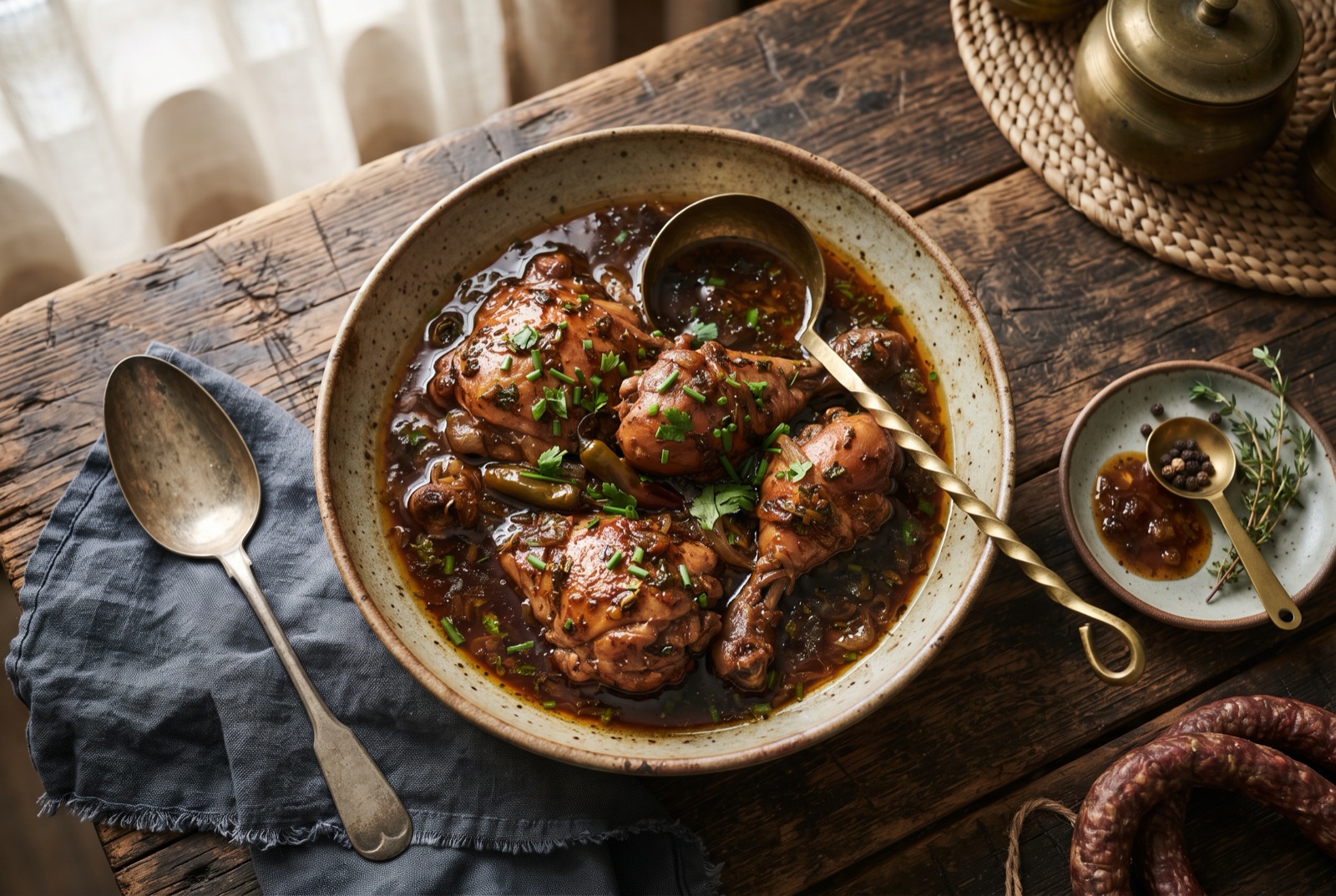Pot of Trinidadian stew chicken, dark mahogany bone-in pieces in glossy brown gravy with onion and thyme