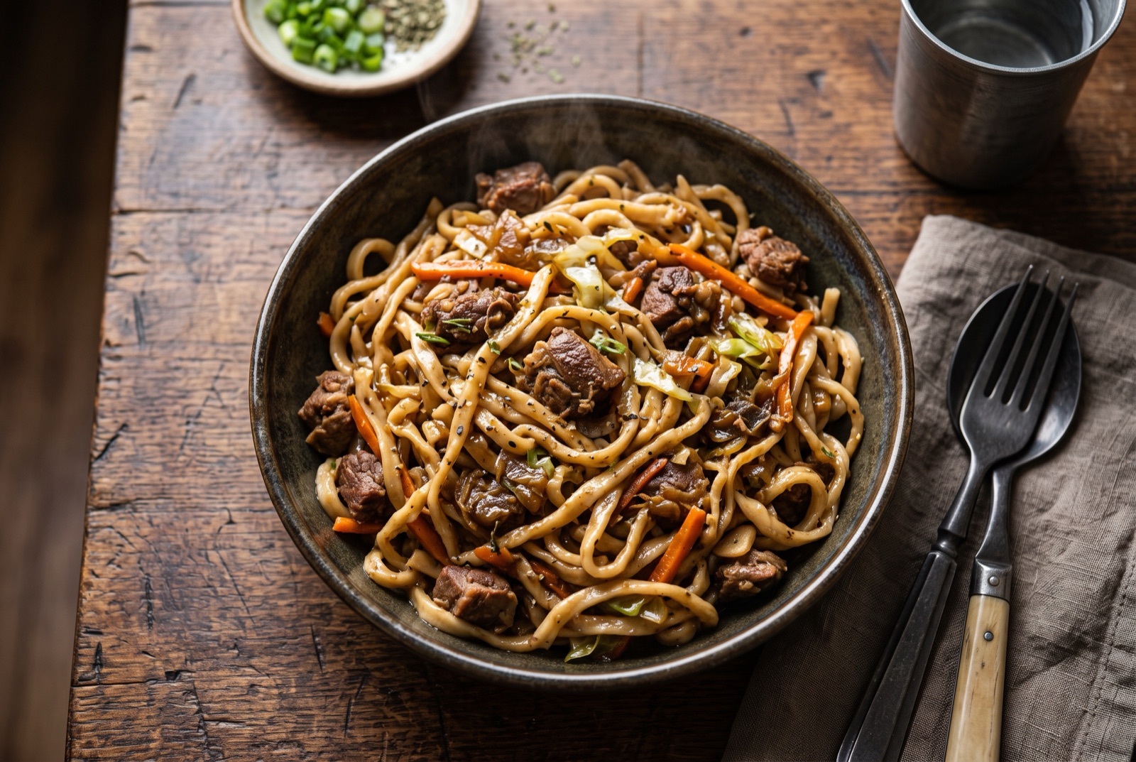Tossed Mongolian tsuivan noodles glossy with mutton fat, shredded cabbage, carrot batons and pieces of lamb