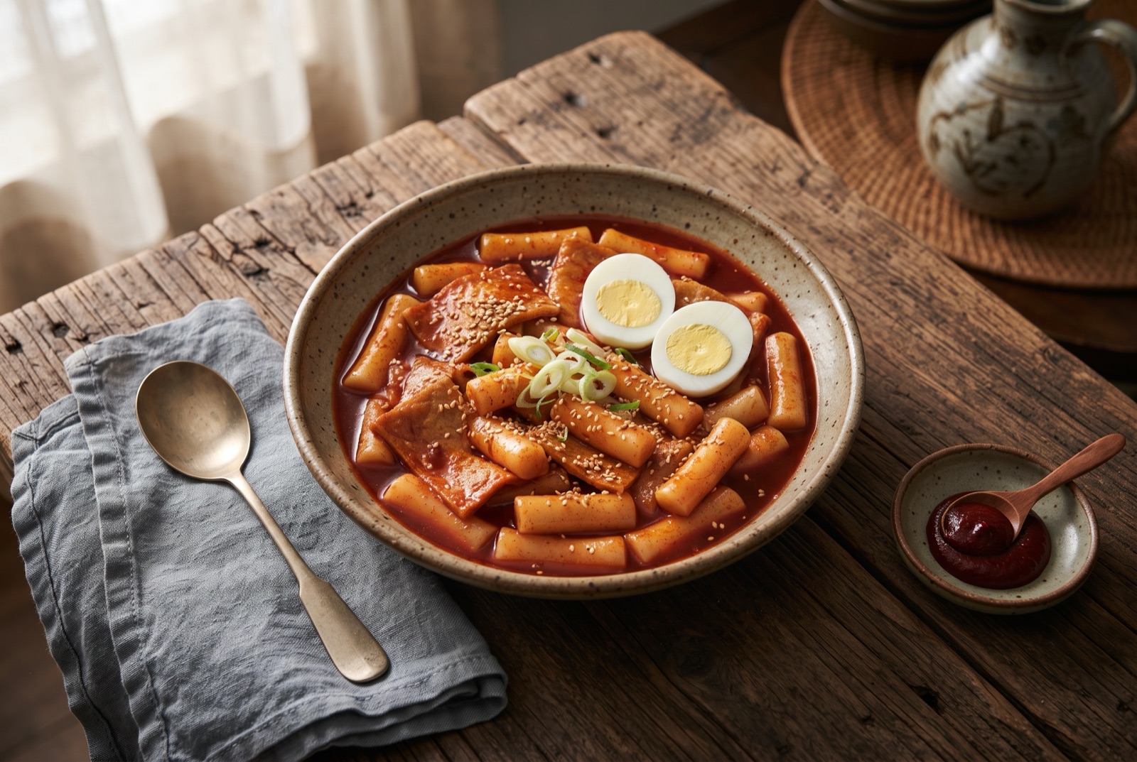 Pan of tteokbokki with cylinder rice cakes in thick red sauce, fish cake triangles, boiled eggs and spring onions