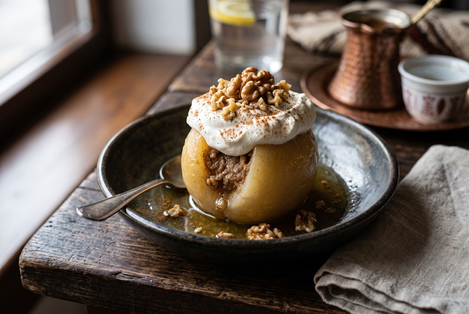 Poached whole apple stuffed with ground walnuts in a stemmed glass, topped with whipped cream and a walnut half