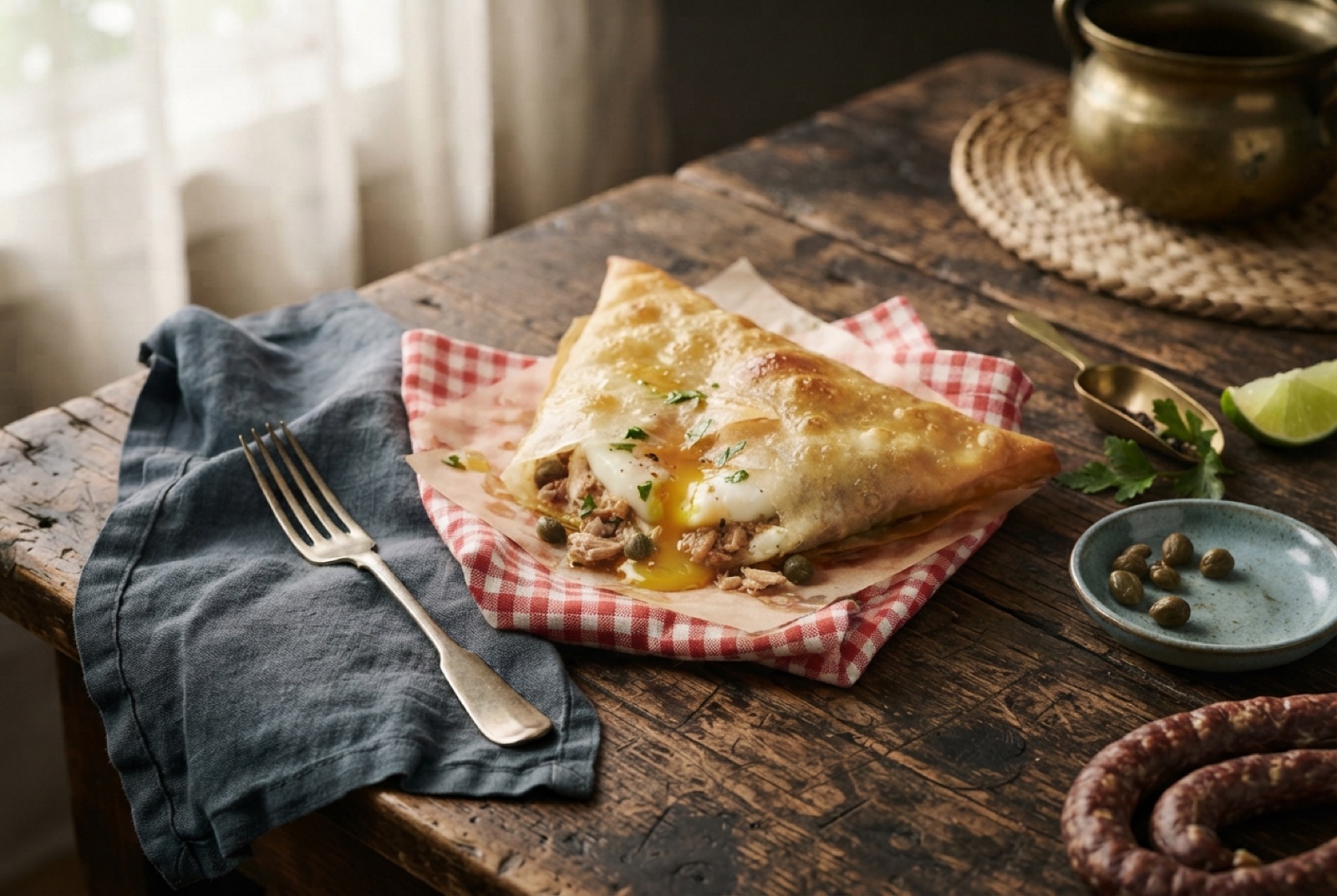 Golden half-moon brik pastry torn open with a runny egg yolk spilling over the tuna and parsley filling