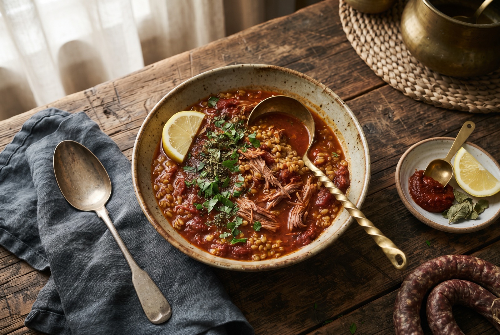 Bowl of thick red freekeh soup with pieces of lamb, chopped parsley and a lemon wedge on the rim