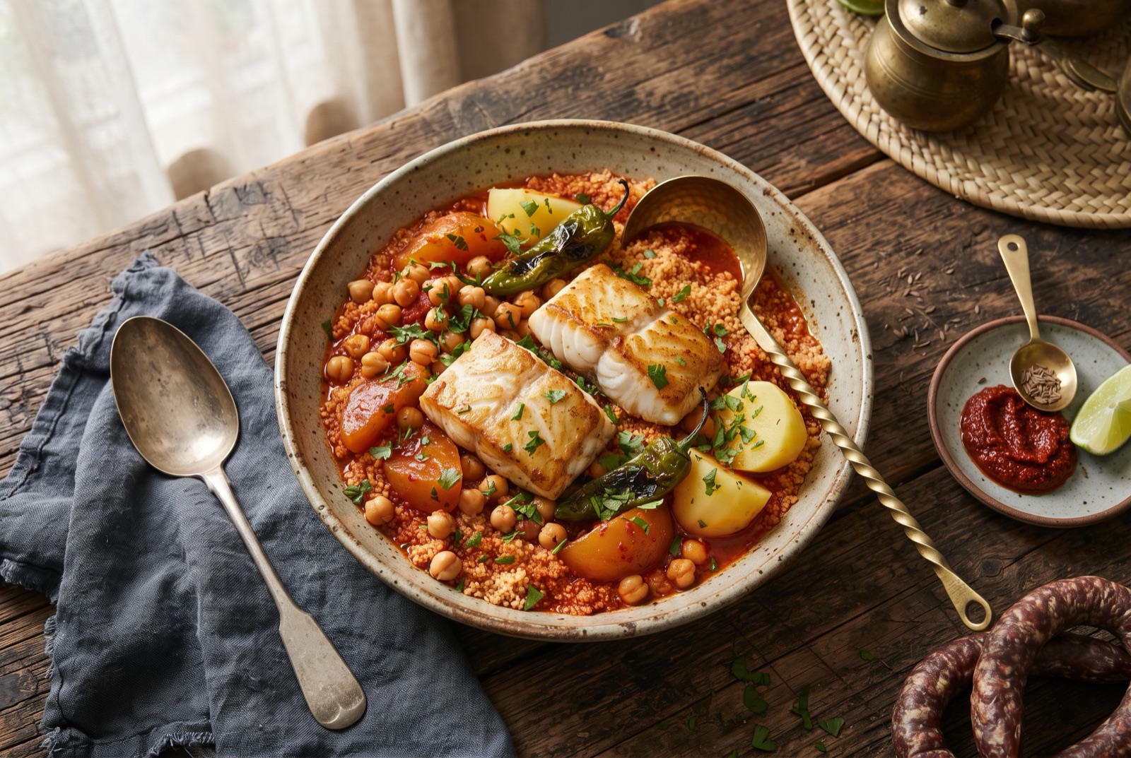 Platter of red-tinted couscous topped with fish steaks, chickpeas, carrots, quince wedges and green peppers