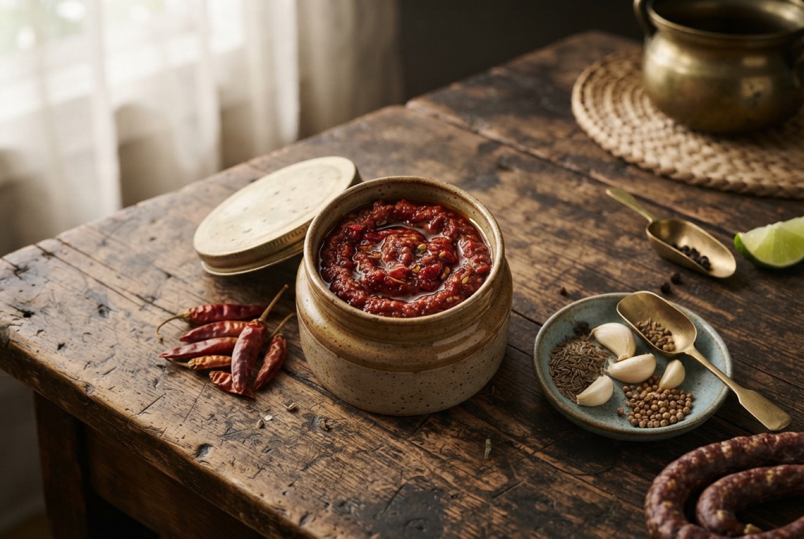 Deep red harissa paste in a small jar under a layer of olive oil, with dried chillies and caraway seeds beside it