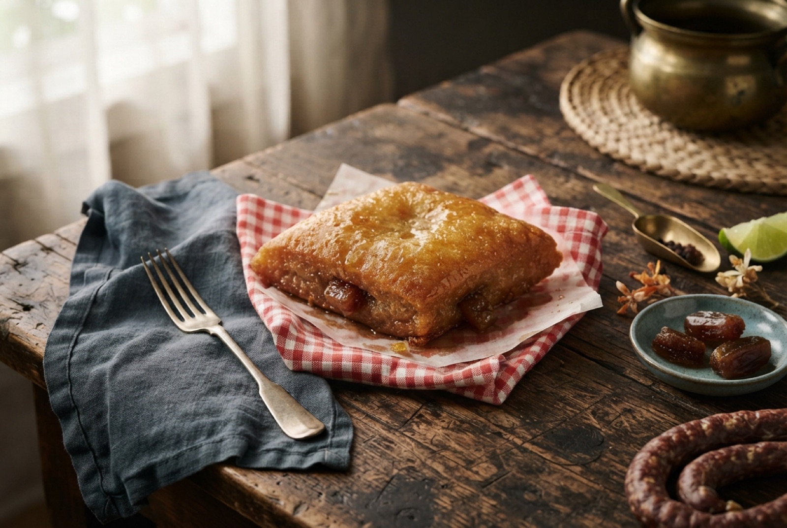 Stacked honey-glazed semolina diamonds cut open to show the dark spiced date filling inside