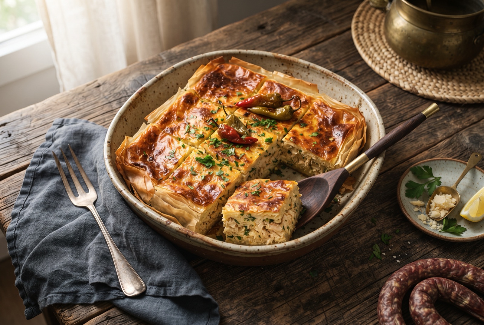 Golden baked Tunisian tajine cut into squares showing shredded chicken, parsley and melted cheese in set egg