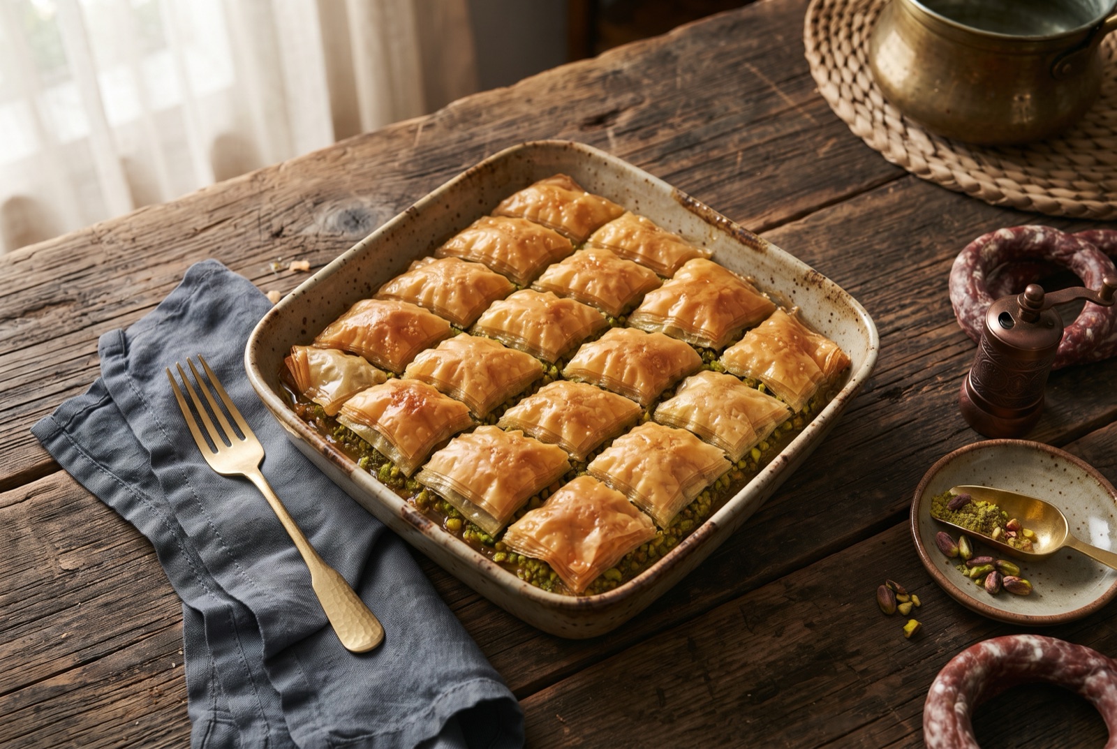 Diamond-cut baklava pieces with visible golden phyllo layers and a bright green pistachio filling, glossy with syrup