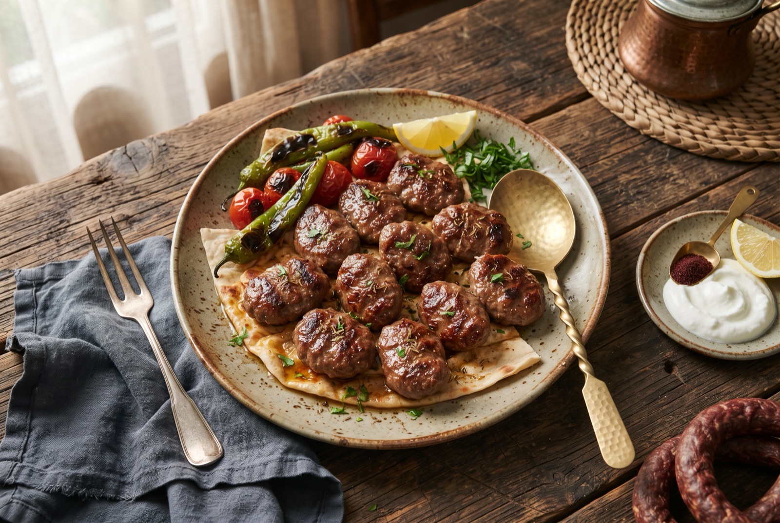 Grilled Turkish köfte patties with a deep brown crust, served with grilled peppers and bread