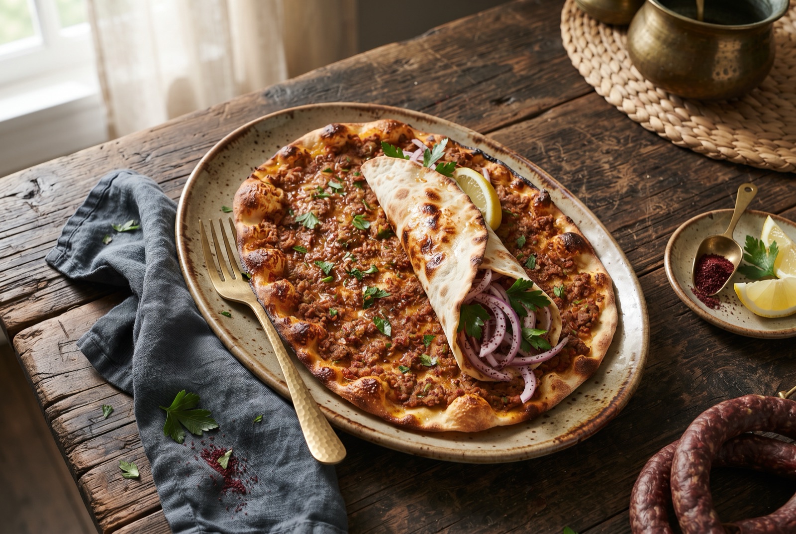 Thin Turkish lahmacun flatbread topped with minced lamb, parsley and sumac onions, with lemon wedges beside it