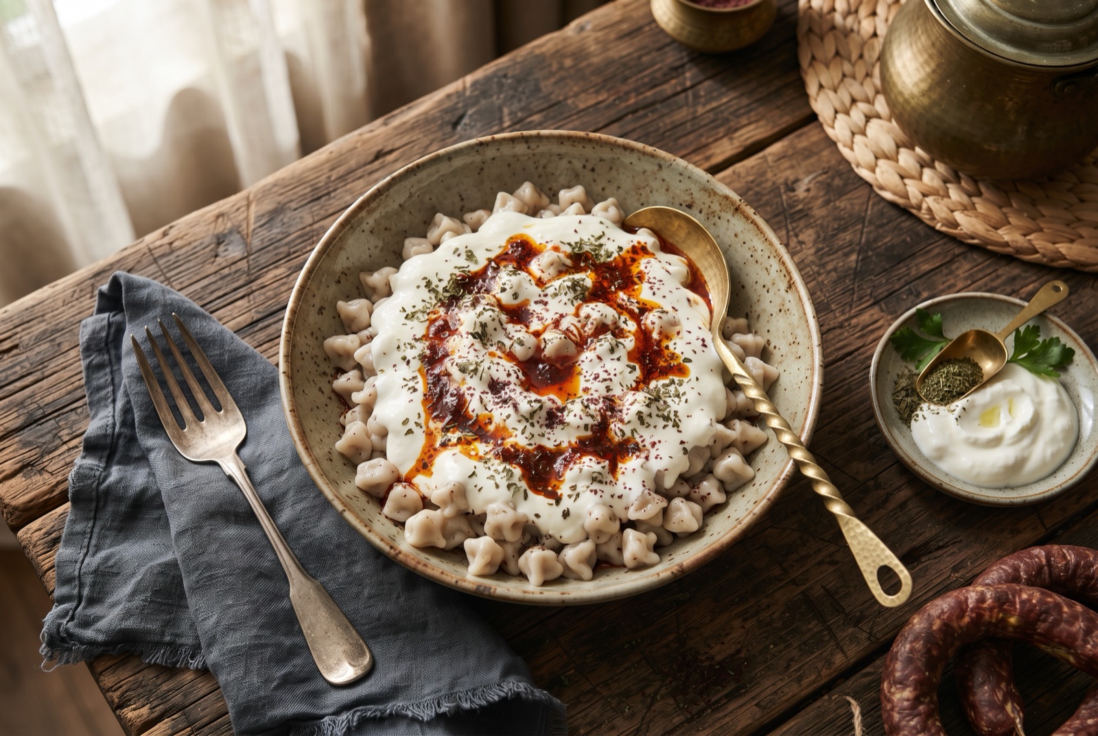 Bowl of tiny Turkish mantı dumplings under white garlic yogurt with red paprika butter and dried mint