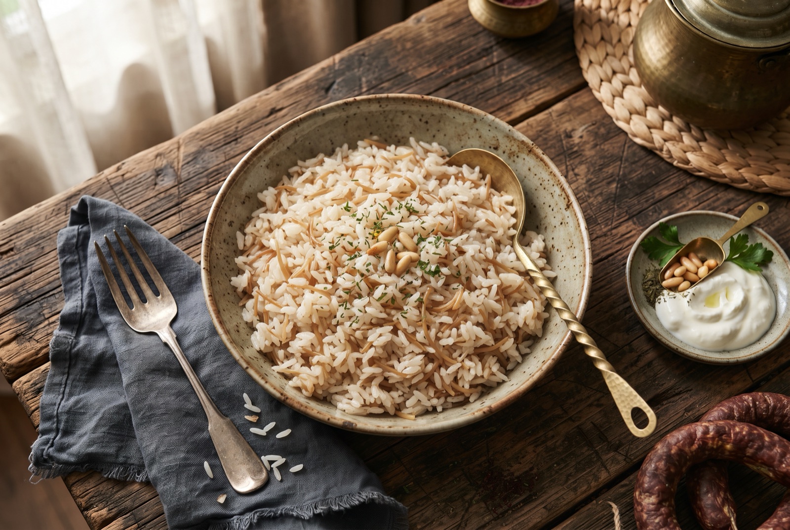 Mound of buttery Turkish rice flecked with browned vermicelli, grains separate and glossy in a shallow bowl