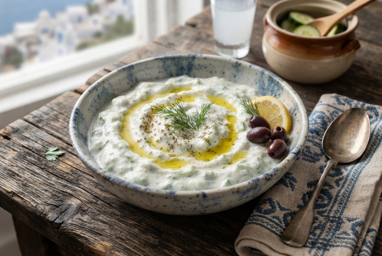 A bowl of thick white tzatziki dip topped with olive oil and dill, with pita bread alongside