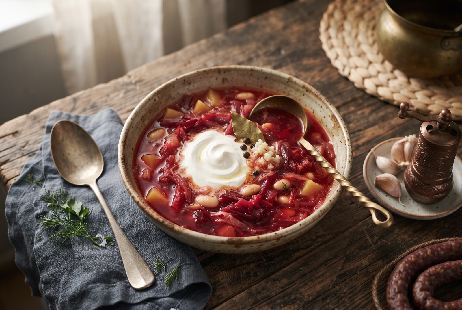 Deep red Ukrainian borshch in a bowl with shredded beef, cabbage and beans, topped with sour cream and dill