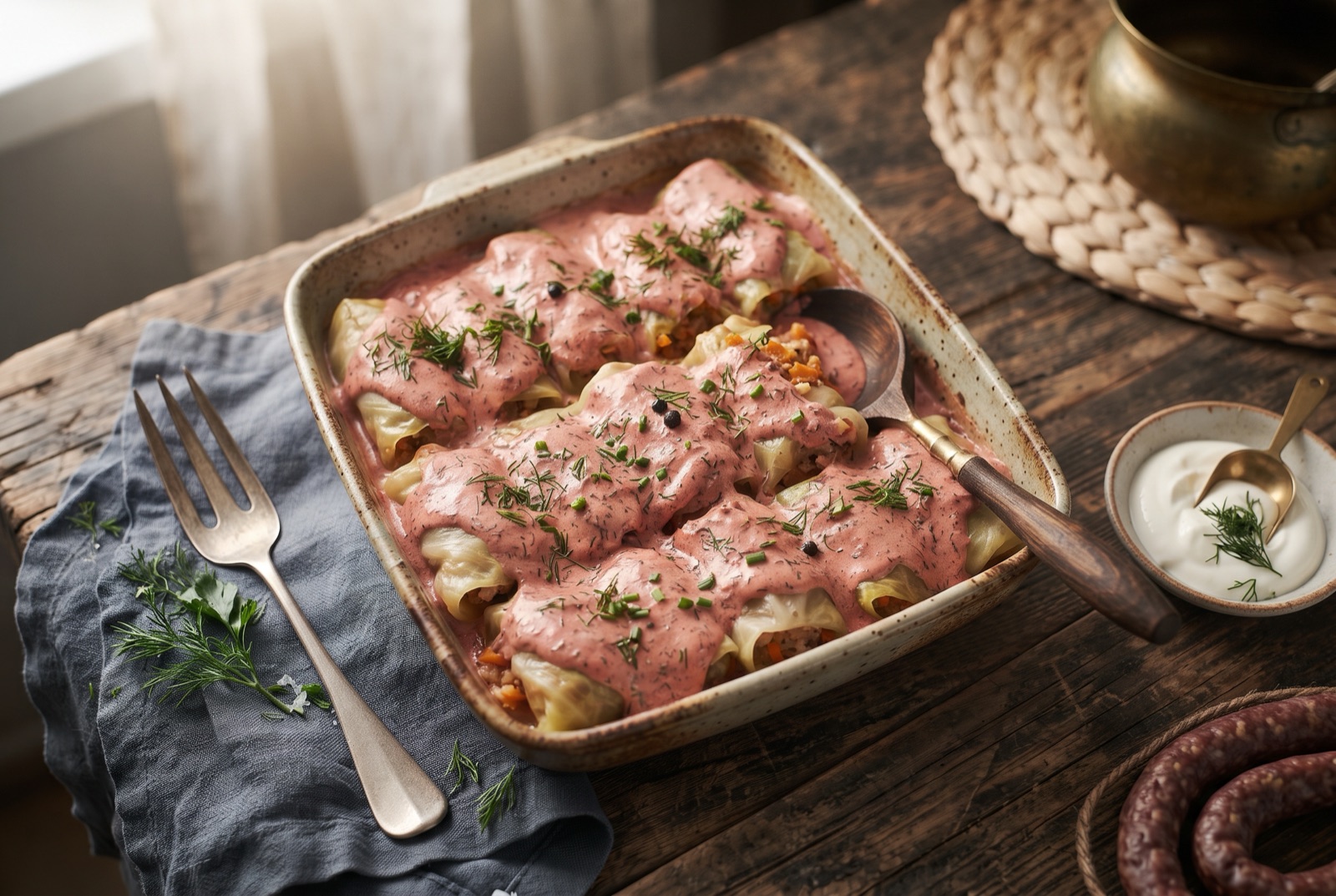 Baked Ukrainian holubtsi cabbage rolls in a pink tomato and sour cream sauce, scattered with fresh dill