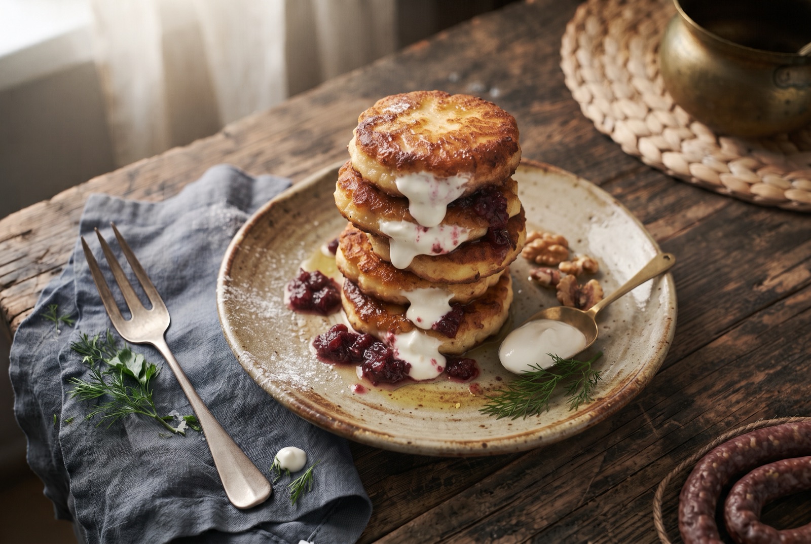 Golden fried syrnyky curd cheese patties stacked on a plate with sour cream and honey running down the side